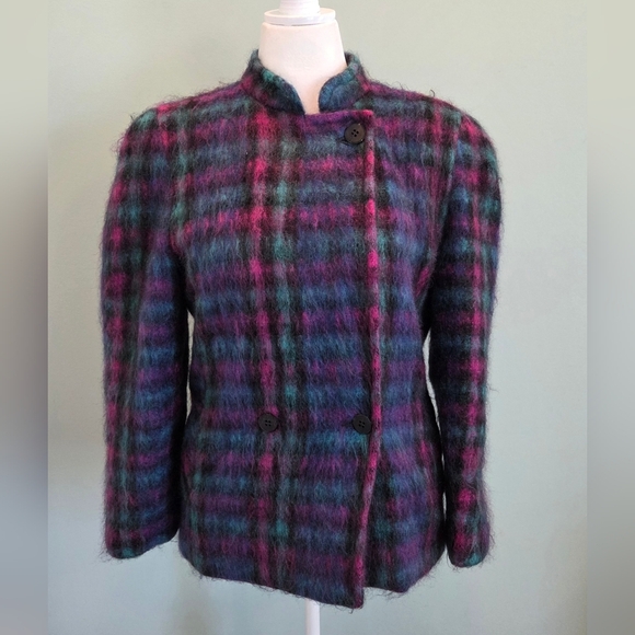 Lombardi Mohair Wool Coat Rainbow Plaid Vintage 80s Size 10 Made In USA - Picture 4 of 14